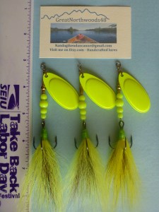 Our handcrafted spinners with chartreuse yellow tails and green finished heads. The #5 French Blades and VMC #2 Trebles make these excellent pike, bass...and even walleye attractors...depending on the season.